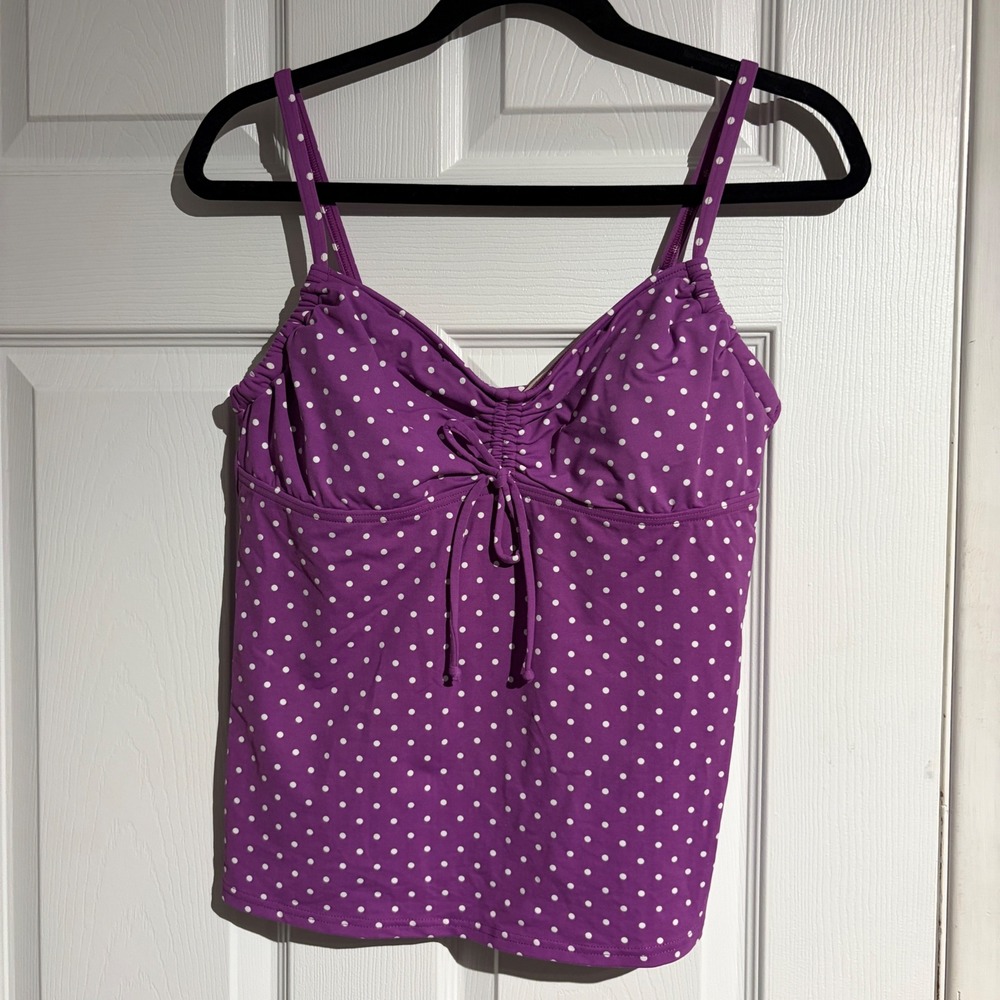 Lands End Purple Polka Dot Tankini Swim Top Ruched Adjustable Straps Size 10